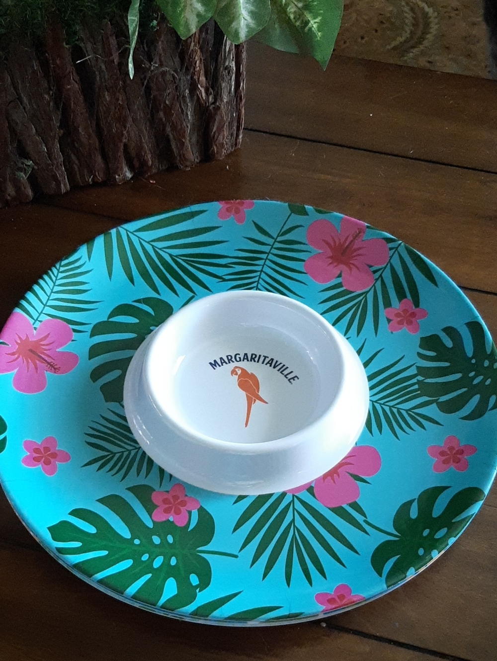 Margaritaville Teal Tropical Melamine Chip & Dip Platter W Pink Hibiscus, NEW 🌴